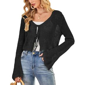 Balimtoy Women Tie Tie Jollow Out متماسكة محصول أعلى جرس الأكمام الخامس العنق الكروشيه كاروشيت Cardigan Boho لطيف بوليرو يتجاهل