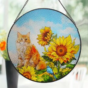 نافذة زجاجية ملطخة عباد الشمس معلقة ، 9.8 '' 'Tabby Cat Cat Sun Cassle Glass ، هدايا كات التذكارية لمحبي القط ، هدايا عيد ميلاد لمدرس جدة أمي