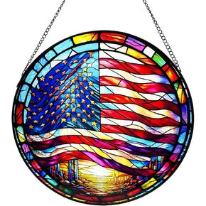 LOTIKOU 9.84'' American Flag Glass Window Hanging, Flag Stained Glass Window Panel, American Flag Glass Window Panel for Home Office Outdoor Decor