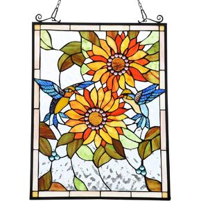 Capulina Sunflower and Birds Stained Glass Panels Window Hangings Tiffany Style Glass Traditional Art Handicrafts for Home Window Decor Gifts
