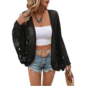 Verdusa Women's Hollow Out Open Front Long Sleeve Oversized Knitted Cardigan Sweater