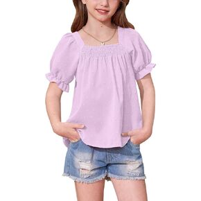 BesserBay Girls Summer Puff Sleeve Top Smocked Swiss Dot Chiffon Blouse Spring Square Neck Shirt 6-14 Years