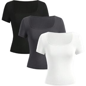 Girl's 3 Packs Basic Tees Shirts Tops Square Neck Short Sleeve Slim Fit Summer Clothes Base Layer Tees