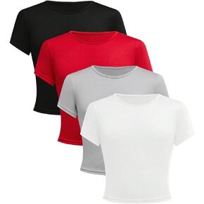 Girl's 4 Pack Slim Fit Crop Tops Short Sleeve Crewneck Summer Shirts Tops Basic Layer Tees