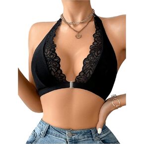 SOLY HUX Bras for Women Halter Lace Front Closure Bra Wireless Deep V Triangle Bralette