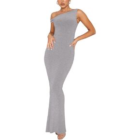 REORIA Women's Summer Sexy One Shoulder Formal Long Dress Wedding Guest Elegant Sleeveless Ribbed Bodycon Maxi Dresses