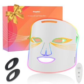 Hopihe Red Light Therapy Mask for Face & Neck, 7+1 Color LED with 850nm Near-Infrared, Rechargeable & Portable, 3 Modes, Timing Function, Eye Protection, for Home & Travel (Off White)