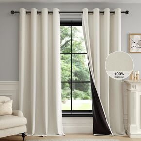 الستائر FMFunctex 100 ٪ Beige Blackout لغرفة النوم ، والكريم نسج الستائر المحكم 84 بوصة ستائر معزولة حرارية طويلة لغرفة المعيش