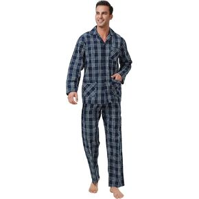 Mens 100% Cotton Pajamas Set Long Sleeve Pjs Button Fly Pants Soft Elastic Drawstring Waistband Bottoms