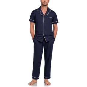 CF Men's 100% Cotton Pajama Sets Button Down Pj Sets Short Sleeve Top & Long Pants Loungewear Lightweight with pockets
