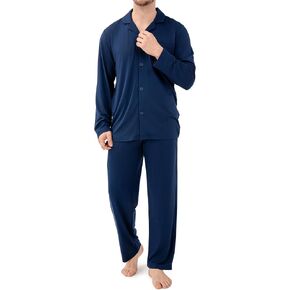 DAVID ARCHY Mens Silk Pajamas Set Ultra-Soft Sleepwear Breathable Notched Collar Top & Bottoms Loungewear with Pockets