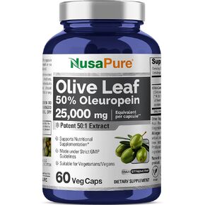 Nusapure Olive Leaf 50: 1 مستخلص ، 500 ملغ يعادل 25000 ملغ - 50 ٪ أوليوروبين نباتي/نباتي - قوة فائقة لا زيت 60 كبسولات