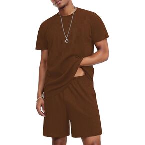 Ekouaer Mens Lounge Set Ribbed Knit Pajamas Set 2 Piece Short Set Outfits Sweatsuit Summer Soft Sleepwear Loungewear