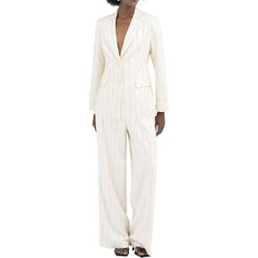 Womens Blazers Linen Beige Peak Lapel Button Front Flap Pockets Single Breast Stripe Jacket Work Office Business Casual