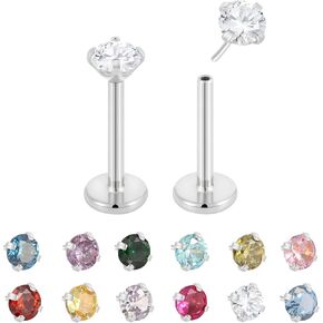 2PCS Titanium 20G Threadless Flat Back Birthstone Gem Stud Earrings Labret Helix Tragus Cartilage Lip Monroe Conch Ear Stud Barbell Body Piercing Jewellery