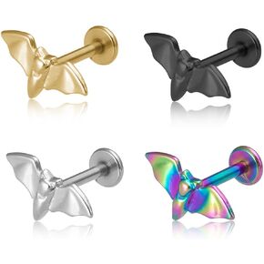 4Pcs 16G Bat Lip Rings for Women Men Stainless Steel Labret Monroe Lip Studs Conch Helix Cartilage Earrings Studs Halloween Body Jewelry