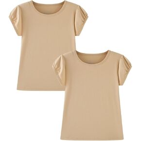 Huata Girls Short Puff Sleeve Tee Basic T-Shirt 2 Packs Crewneck