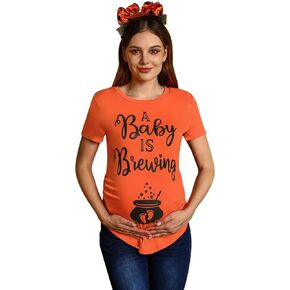Womens Halloween Graphic Funny Maternity T Shirt Short Sleeve Pregnancy Tops Orange Baby is Brewing XL