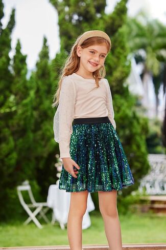GRACE KARIN Dance Skirt for Girls Elastic Waist Sparkle Sequin Pleated Skirt 10-12Y, Rainbow in Saudi Arabia