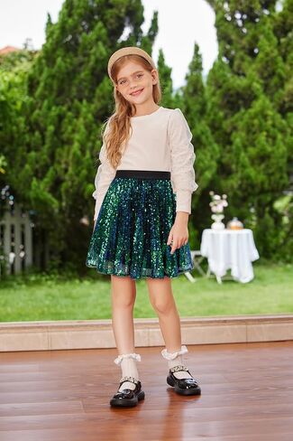 GRACE KARIN Dance Skirt for Girls Elastic Waist Sparkle Sequin Pleated Skirt 10-12Y, Rainbow in Saudi Arabia