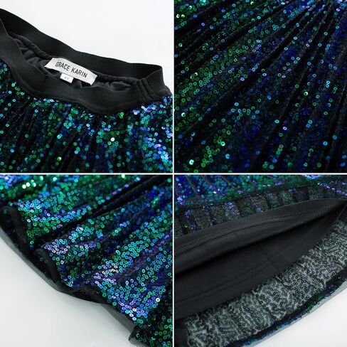 GRACE KARIN Dance Skirt for Girls Elastic Waist Sparkle Sequin Pleated Skirt 10-12Y, Rainbow in Saudi Arabia
