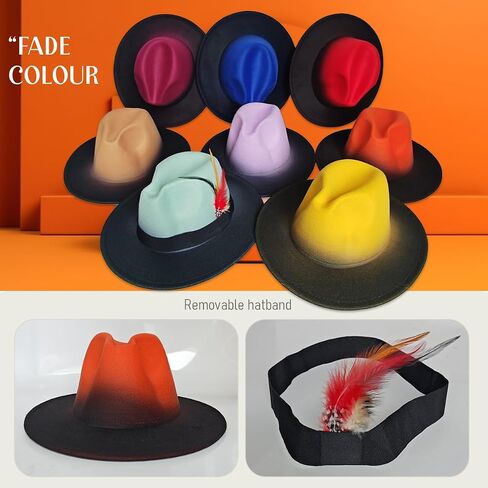 Fedora Hat for Men and Women, Classic Woolen Adjustable Felt Panama Hat with Feather Wide Brim Gradient Jazz Cap in Kuwait