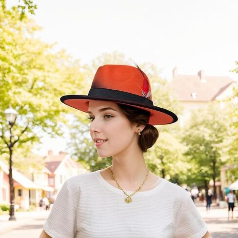 Fedora Hat for Men and Women, Classic Woolen Adjustable Felt Panama Hat with Feather Wide Brim Gradient Jazz Cap in Kuwait