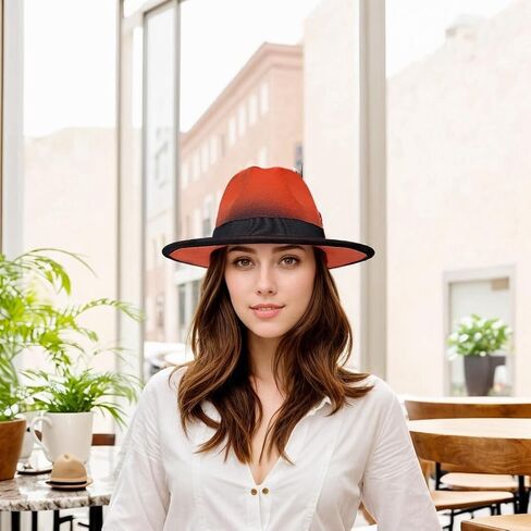 Fedora Hat for Men and Women, Classic Woolen Adjustable Felt Panama Hat with Feather Wide Brim Gradient Jazz Cap in Kuwait