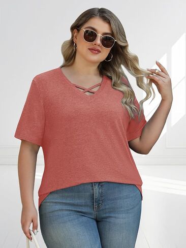 Plus Size Tops for Women Summer Trendy Criss Cross Shirts Oversized Casual Loose Fit Tunic Tops in Saudi Arabia