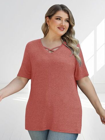 Plus Size Tops for Women Summer Trendy Criss Cross Shirts Oversized Casual Loose Fit Tunic Tops in Saudi Arabia