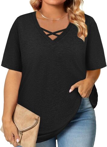 Plus Size Tops for Women Summer Trendy Criss Cross Shirts Oversized Casual Loose Fit Tunic Tops in Saudi Arabia
