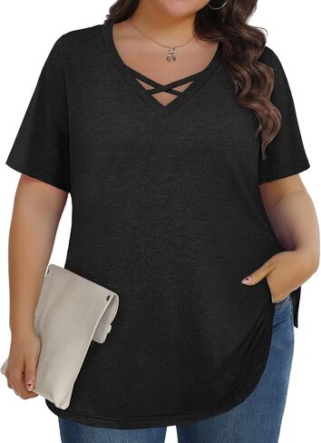 Plus Size Tops for Women Summer Trendy Criss Cross Shirts Oversized Casual Loose Fit Tunic Tops in Saudi Arabia