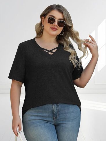 Plus Size Tops for Women Summer Trendy Criss Cross Shirts Oversized Casual Loose Fit Tunic Tops in Saudi Arabia