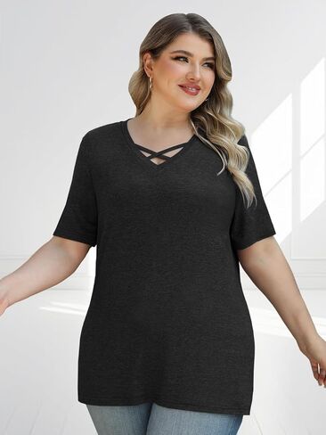 Plus Size Tops for Women Summer Trendy Criss Cross Shirts Oversized Casual Loose Fit Tunic Tops in Saudi Arabia