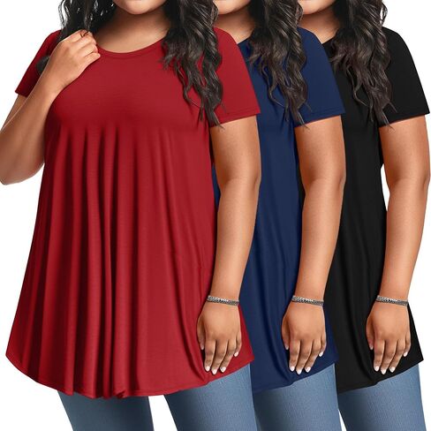3 Pack Women's Plus Size Tunic Top Short Sleeve Long Shirts Summer Loose Fit Flowy Blouse Wear with Leggings in Kuwait