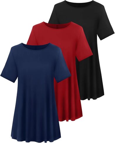 3 Pack Women's Plus Size Tunic Top Short Sleeve Long Shirts Summer Loose Fit Flowy Blouse Wear with Leggings in Kuwait