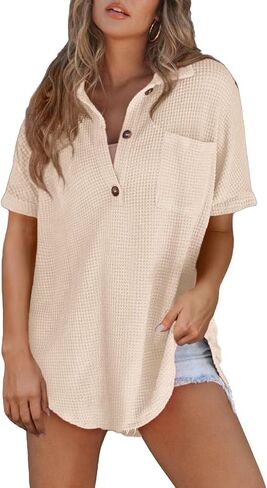 Astylish Women Waffle Knit Tops Henley Shirts Short Sleeve V Neck Solid Color Casual Tunic in Kuwait
