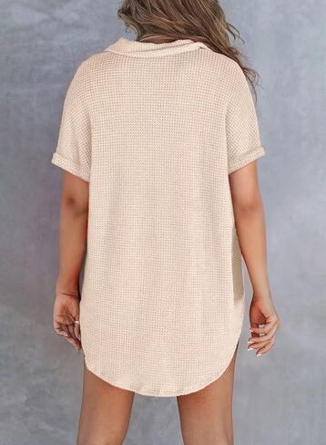 Astylish Women Waffle Knit Tops Henley Shirts Short Sleeve V Neck Solid Color Casual Tunic in Kuwait