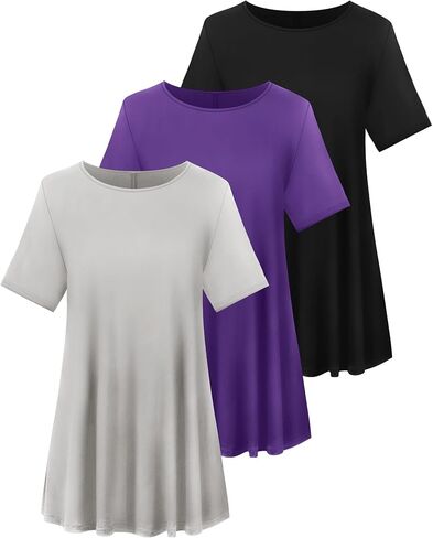 3 Pack Women's Plus Size Tunic Top Short Sleeve Long Shirts Summer Loose Fit Flowy Blouse Wear with Leggings in Kuwait