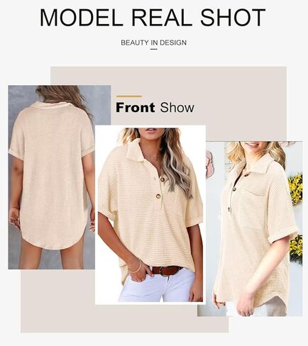 Astylish Women Waffle Knit Tops Henley Shirts Short Sleeve V Neck Solid Color Casual Tunic in Kuwait
