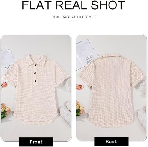 Astylish Women Waffle Knit Tops Henley Shirts Short Sleeve V Neck Solid Color Casual Tunic in Kuwait