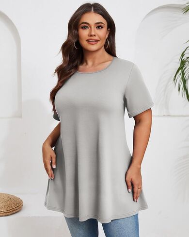 3 Pack Women's Plus Size Tunic Top Short Sleeve Long Shirts Summer Loose Fit Flowy Blouse Wear with Leggings in Kuwait