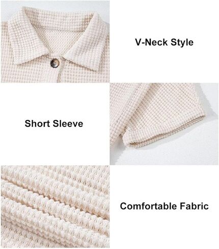 Astylish Women Waffle Knit Tops Henley Shirts Short Sleeve V Neck Solid Color Casual Tunic in Kuwait
