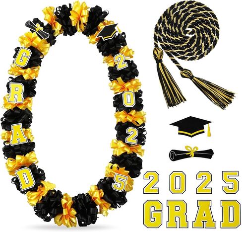 12 PCS التخرج Leis Class of 2025 Grad مصنوعة يدويًا مزدوج الشريط تهانينا لخريج أموال Leis Necklace (الأزرق الأبيض) in Saudi Arabia
