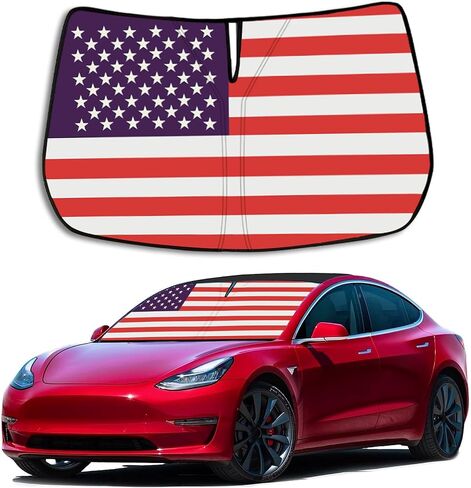 Upgrade Windshield Sun Shade with USA Flag for Tesla Model 3 2016-2023, Foldable Windshield Sun Visor Blocks UV Rays in Kuwait