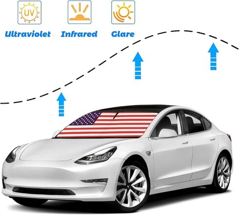 Upgrade Windshield Sun Shade with USA Flag for Tesla Model 3 2016-2023, Foldable Windshield Sun Visor Blocks UV Rays in Kuwait