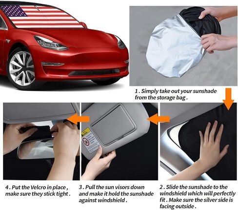 Upgrade Windshield Sun Shade with USA Flag for Tesla Model 3 2016-2023, Foldable Windshield Sun Visor Blocks UV Rays in Kuwait