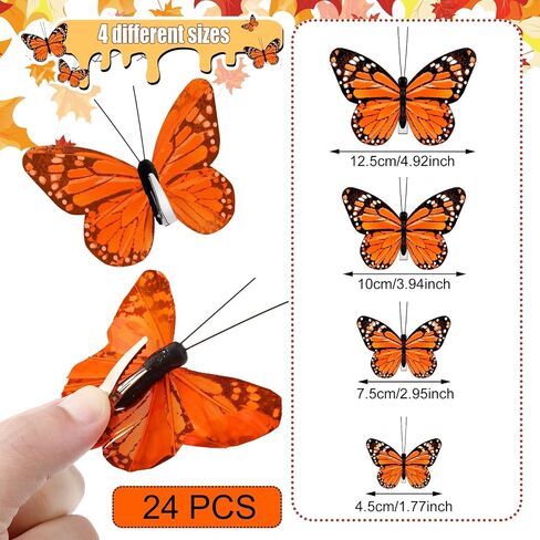 24 Pcs Monarch Butterfly Decorations Monarch Butterfly Hair Clips Feather Butterfly Barrettes Clips Decor Artificial Fake Butterflies for Craft Cosplay Wedding Party, 4 Sizes (Orange) in Saudi Arabia