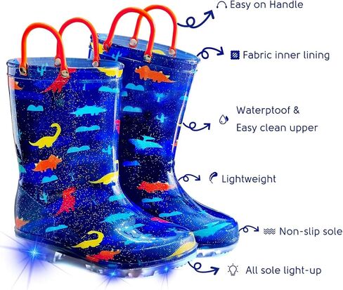 Toddler Rain Boots for Girls Boys, Kids Rain Boots Light Up Glitter Boot Waterproof Shoes with Easy on Handles in Saudi Arabia