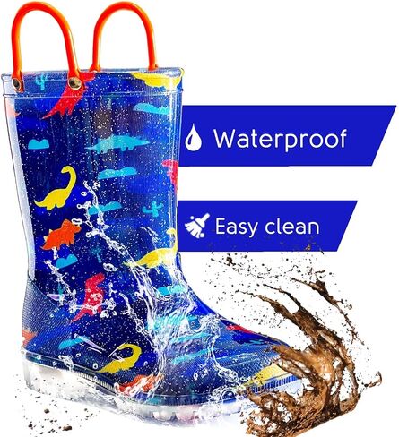 Toddler Rain Boots for Girls Boys, Kids Rain Boots Light Up Glitter Boot Waterproof Shoes with Easy on Handles in Saudi Arabia